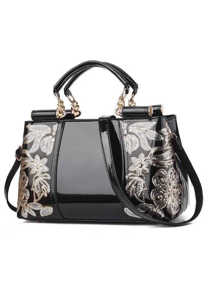 Patent Leather Handbag for Women Tote Bags Sequin Embroidery Satchel Bag Top Handle Bag Gorgeous Shoulder Bag Purse - Image 1
